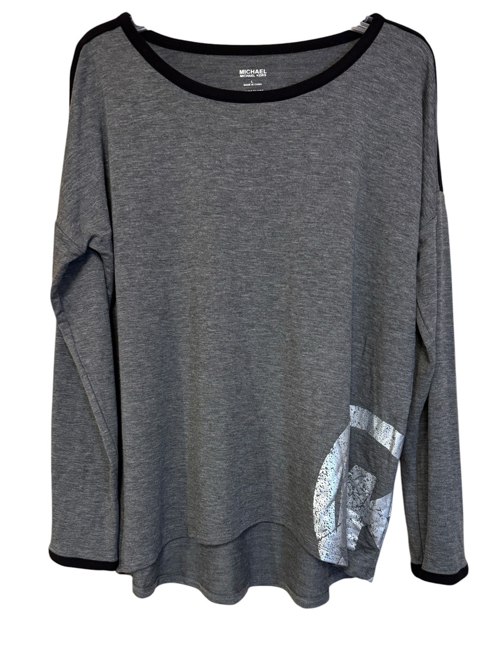 Michael Michael Kors Derby Basics Long Sleeve Logo Top Gray Black Size L NWT - Picture 1 of 8